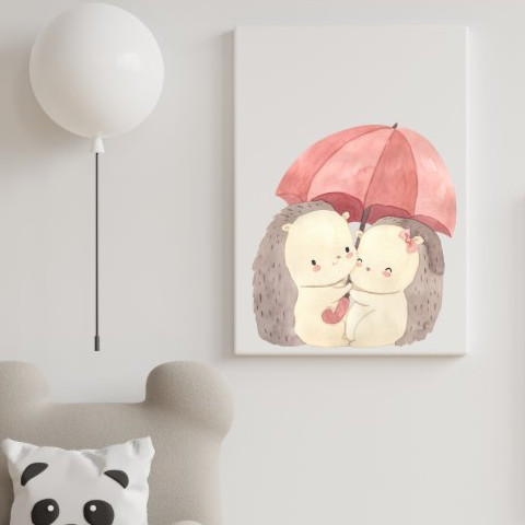 Hedgehogs Sheltering Under Umbrella on Canvas